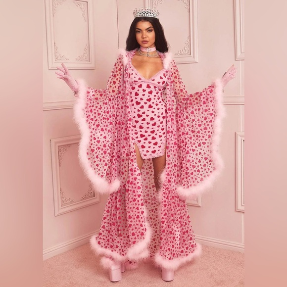 Sugar Thrillz Other - Rare Dolls Kill Sugar Thrillz Pink Heart Mesh Wrap Faux Fur Robe
